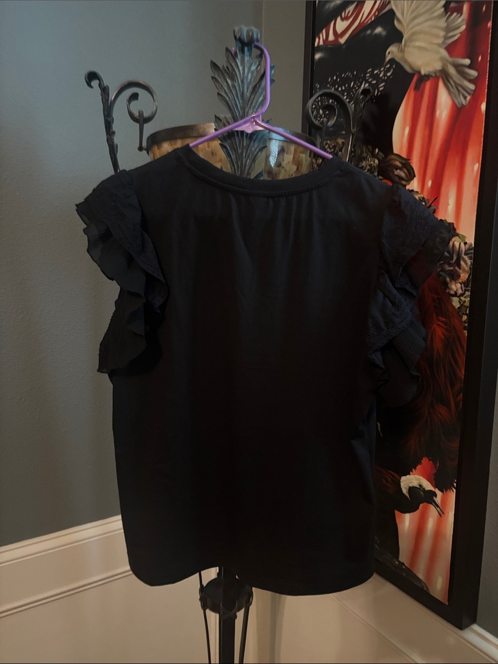 SHEIN Black Short Sleeve Ruffle Mesh Sleeve Tee - L - Picture 2 of 11